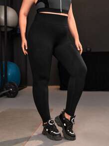 SHEIN Yoga Basic 大碼收復素色運動打底褲 - 黑色 - 查看 5