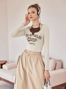 SHEIN MOD Playera Color Caqui Halter Con Gráficos, Estilo 2 En 1 Con Hombros Al Descubierto - Beis - Ver 2