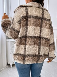 Calvaya Plus Plaid Print Drop Shoulder Teddy Jacket - Multicolor - View 3