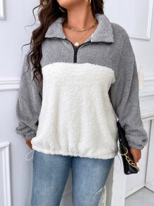 SHEIN LUNE Sudadera de dos tonos con cremallera cuarta de hombros caídos teddy - Multicolor - Ver 1