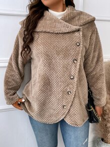 SHEIN LUNE 大碼折邊翻領不對稱下擺絨毛外套 - 摩卡棕 - 查看 3