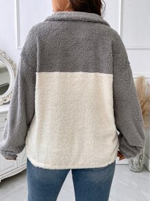 SHEIN LUNE Sudadera de dos tonos con cremallera cuarta de hombros caídos teddy - Multicolor - Ver 2