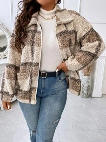 Calvaya Plus Plaid Print Drop Shoulder Teddy Jacket - Multicolor - View 4