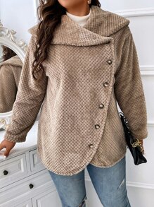 SHEIN LUNE 大碼折邊翻領不對稱下擺絨毛外套 - 摩卡棕 - 查看 4