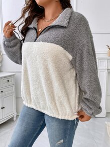 SHEIN LUNE Sudadera de dos tonos con cremallera cuarta de hombros caídos teddy - Multicolor - Ver 3