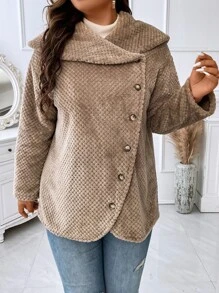 SHEIN LUNE 大碼折邊翻領不對稱下擺絨毛外套 - 摩卡棕 - 查看 5