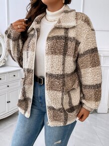 Calvaya Plus Plaid Print Drop Shoulder Teddy Jacket - Multicolor - View 5