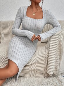 SHEIN Privé Đầm Bất đối xứng Gân đan màu trơn Thanh lịch - Xám - Xem 5