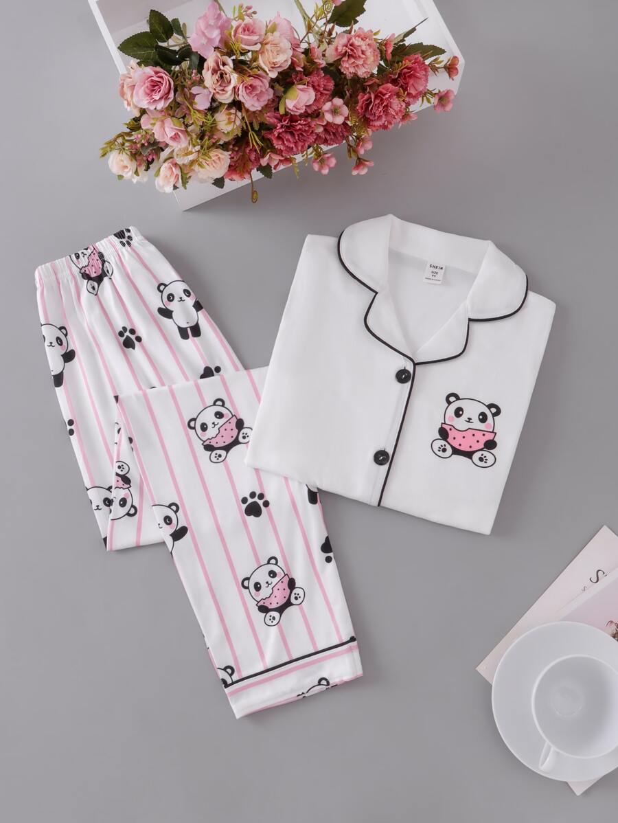 Tween Girl Panda Pattern Long Sleeve Top And Striped Pants Homewear - Multicolor - View 1