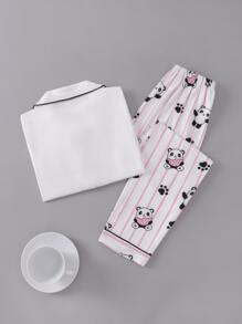 Tween Girl Panda Pattern Long Sleeve Top And Striped Pants Homewear - Multicolor - View 2