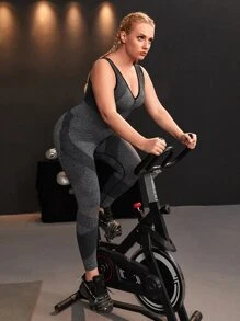 Plus Four-Way Stretch Contrast Binding Marled Knit Sports Set - Dark Grey - View 1