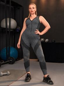 Plus Four-Way Stretch Contrast Binding Marled Knit Sports Set - Dark Grey - View 3