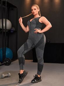 Plus Four-Way Stretch Contrast Binding Marled Knit Sports Set - Dark Grey - View 4