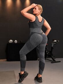 Plus Four-Way Stretch Contrast Binding Marled Knit Sports Set - Dark Grey - View 6