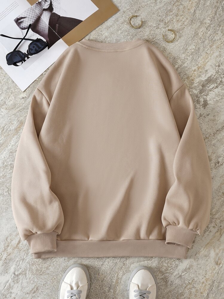 SHEIN EZwear 大碼字母和心形圖案保暖套頭衫 - 杏色 - 查看 2