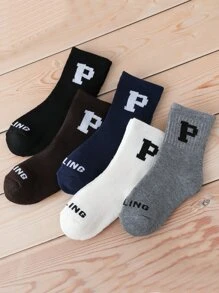 5 pares de calcetines medianos con patrón de letra P de dibujos animados para niños y niños pequeños, en unicolor negro, blanco, gris y azul, adecuados para estudiantes, uso diario, festivales, combinan con zapatillas deportivas, para todas las temporadas - Multicolor - Ver 2