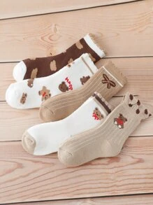 5雙小女童熊圖案中筒襪 - 彩色 - 查看 2