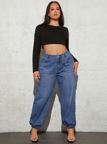 SHEIN Plus High Waist Jogger Jeans - Dark Wash - View 4