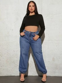 SHEIN Plus High Waist Jogger Jeans - Dark Wash - View 6