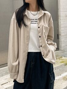 DAZY Drop Shoulder Pocket Patched Corduroy Shirt,Long Sleeve Tops,Fall Clothes