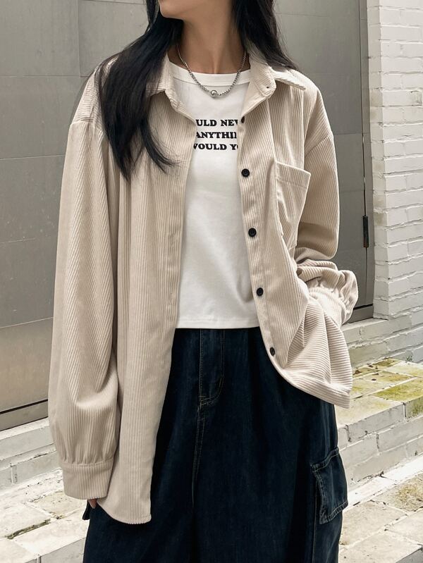 DAZY 落肩口袋贴布灯芯绒衬衫、长袖上衣、秋装