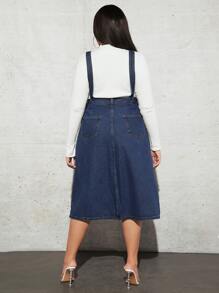Plus Slant Pocket Denim Pinafore Dress Without Top - Dark Wash - View 2