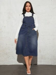 Plus Slant Pocket Denim Pinafore Dress Without Top - Dark Wash - View 3