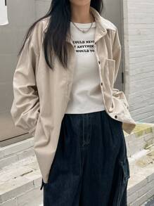 DAZY Drop Shoulder Pocket Patched Corduroy Shirt,Long Sleeve Tops,Fall Clothes