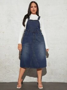 Plus Slant Pocket Denim Pinafore Dress Without Top - Dark Wash - View 5