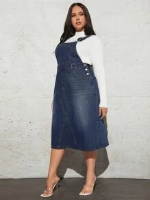 Plus Slant Pocket Denim Pinafore Dress Without Top - Dark Wash - View 6