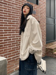 DAZY Drop Shoulder Pocket Patched Corduroy Shirt,Long Sleeve Tops,Fall Clothes