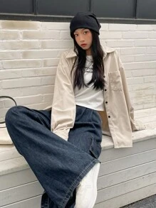 DAZY Drop Shoulder Pocket Patched Corduroy Shirt,Long Sleeve Tops,Fall Clothes