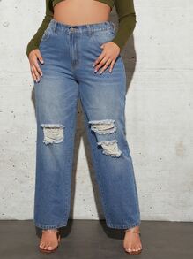 SHEIN Essnce Plus High Waist Ripped Straight Leg Jeans - Medium Wash - View 3
