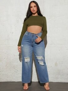 SHEIN Essnce Plus High Waist Ripped Straight Leg Jeans - Medium Wash - View 4