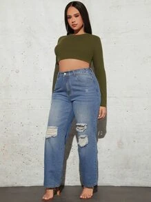 SHEIN Essnce Plus High Waist Ripped Straight Leg Jeans - Medium Wash - View 5