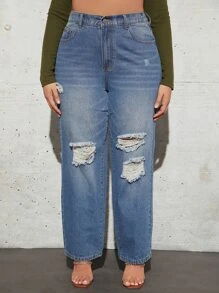 SHEIN Essnce Plus High Waist Ripped Straight Leg Jeans - Medium Wash - View 6