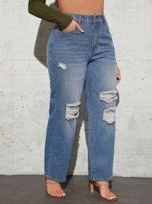 SHEIN Essnce Plus High Waist Ripped Straight Leg Jeans - Medium Wash - View 7