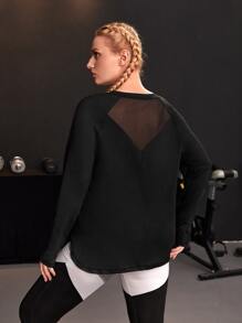 Plus Mesh Insert Raglan Sleeve Sports Tee - Black - View 2