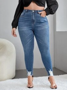 SHEIN CURVE+ Skinny Jeans Große Größen für Damen mit eingefügten Taschen, elastisch und sexy - Blau - Übersicht 1
