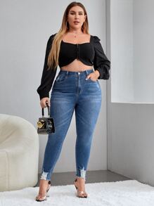 SHEIN CURVE+ Skinny Jeans Große Größen für Damen mit eingefügten Taschen, elastisch und sexy - Blau - Übersicht 5