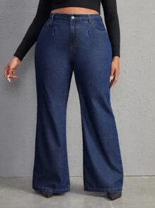 SHEIN Essnce Quần Denim kích thước lớn Nút Túi Dây kéo màu trơn - Rửa tối - Xem 1