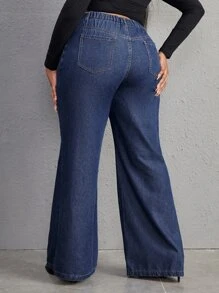 SHEIN Essnce Quần Denim kích thước lớn Nút Túi Dây kéo màu trơn - Rửa tối - Xem 2