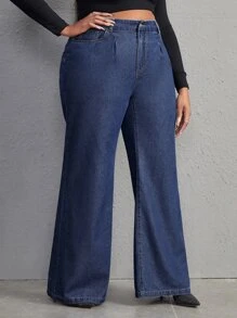 SHEIN Essnce Quần Denim kích thước lớn Nút Túi Dây kéo màu trơn - Rửa tối - Xem 4