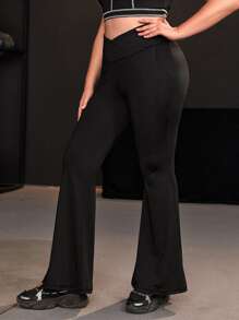 Yoga Basic Plus Softness Overlap Waist Flare Leg Sports Trousers - Black - View 1