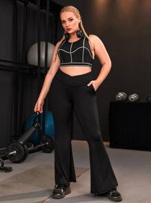 Yoga Basic Plus Softness Overlap Waist Flare Leg Sports Trousers - Black - View 5