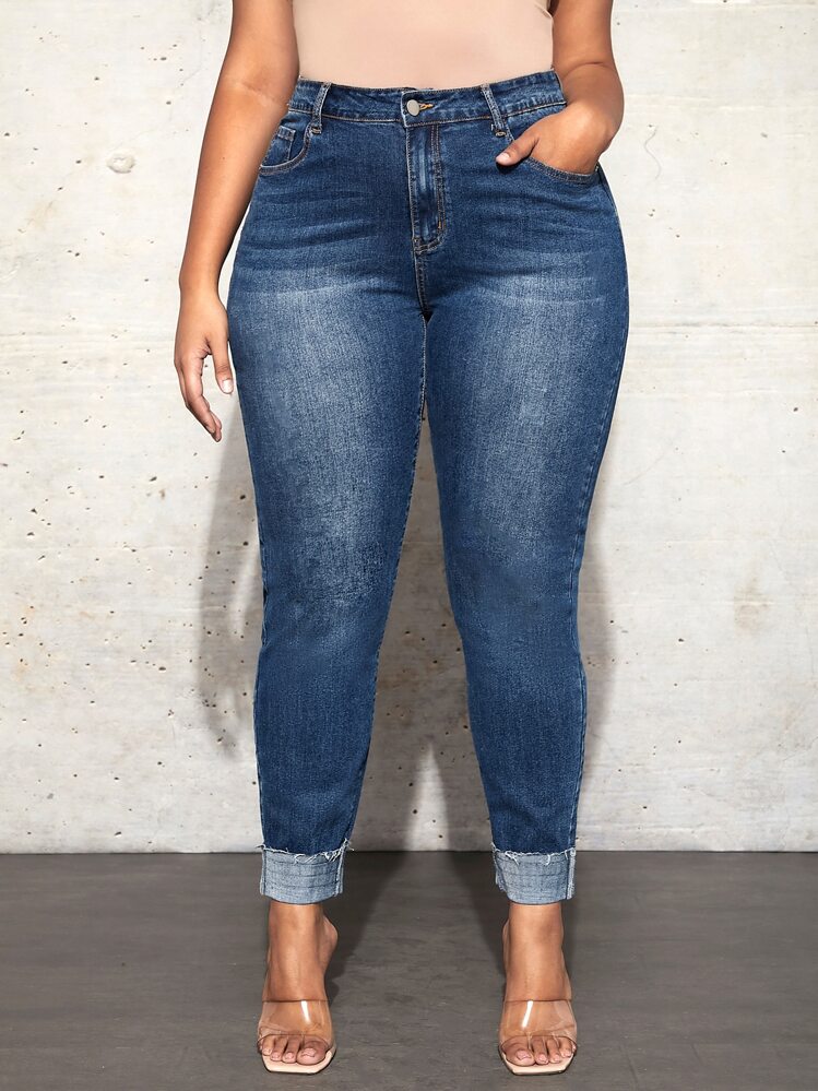 SHEIN SXY Jeans ajustados de talle alto ribete sin dobladillo - Azul lavado oscuro - Añade 1