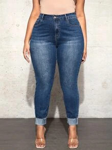 SHEIN SXY Jeans ajustados de talle alto ribete sin dobladillo - Azul lavado oscuro - Ver 3