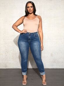 SHEIN SXY Jeans ajustados de talle alto ribete sin dobladillo - Azul lavado oscuro - Ver 5