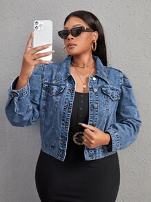 SHEIN Essnce Plus Flap Detail Crop Denim Jacket - Medium Wash - View 1