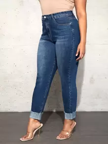 SHEIN SXY Jeans ajustados de talle alto ribete sin dobladillo - Azul lavado oscuro - Ver 6